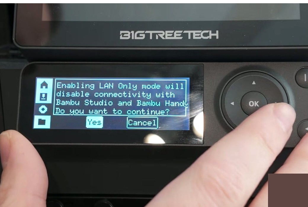 Confirmation dialog reading Enabling LAN Only mode will disable connectivity with Bambu Studio and Bambu Handy. Do you want to continue? with Yes and Cancel buttons