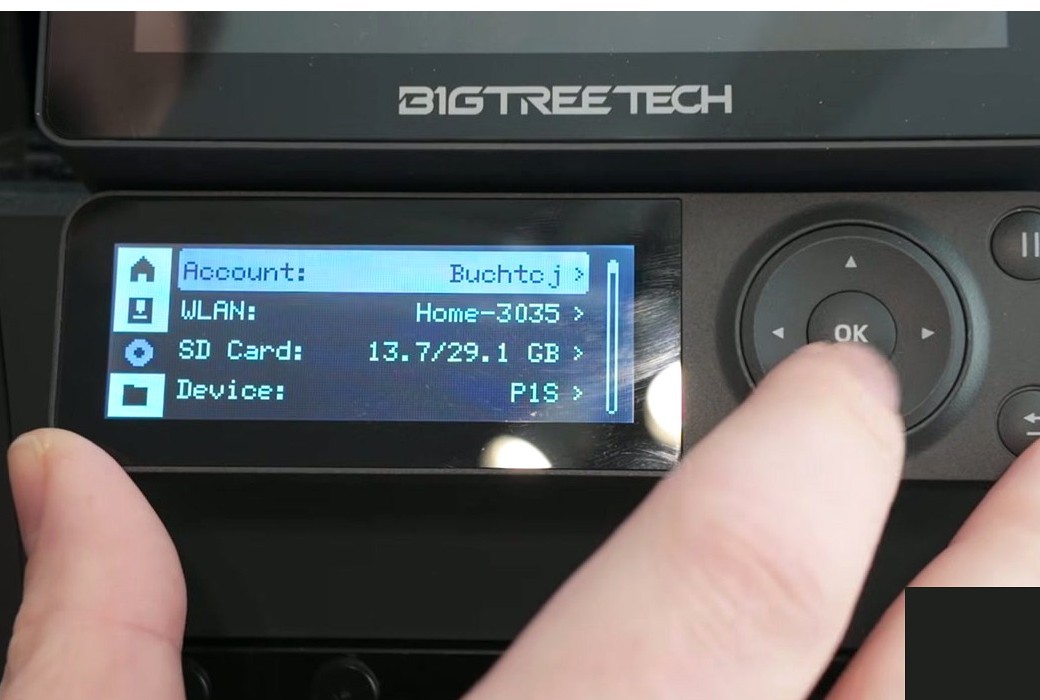 Bambu printer Settings menu showing Account, WLAN, SD Card, and Device options