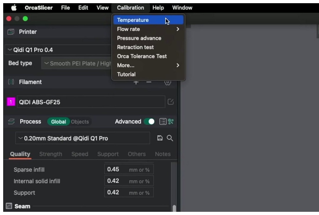 OrcaSlicer Calibration menu open with Temperature highlighted