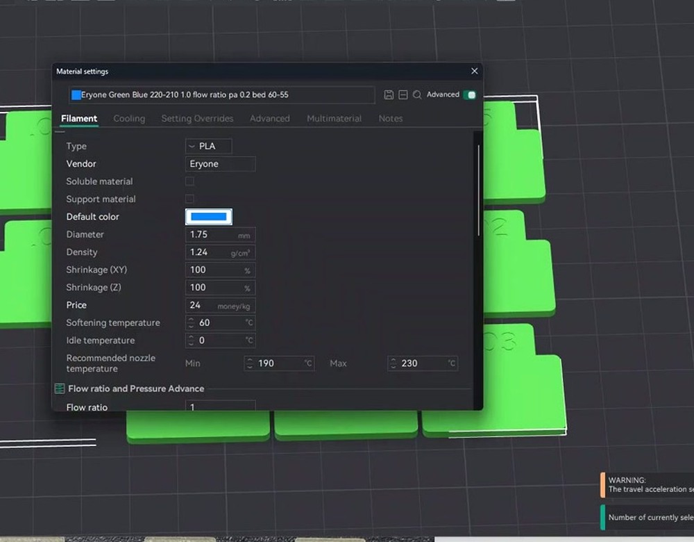 OrcaSlicer Filament Settings dialog showing the Flow ratio input field