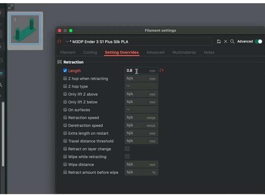OrcaSlicer Filament Setting Overrides panel with the retraction length field highlighted