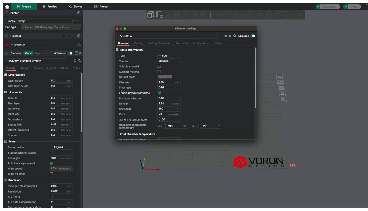 Filament settings dialog with the Enable pressure advance toggle visible