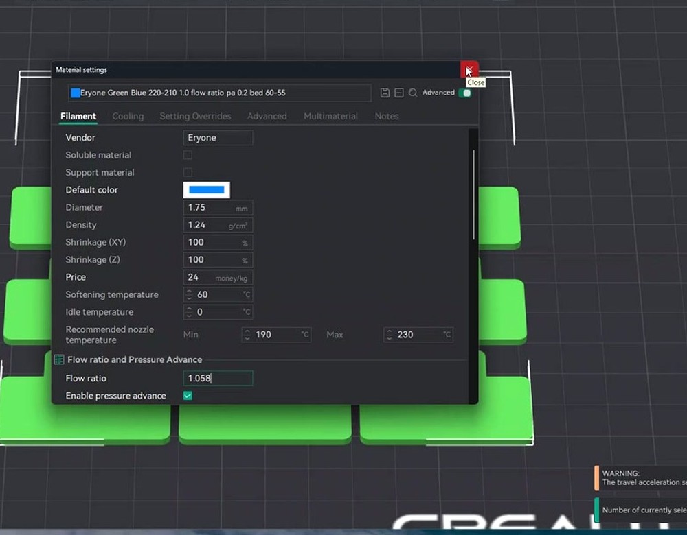 OrcaSlicer Filament settings showing flow ratio 1.058 saved to the filament profile