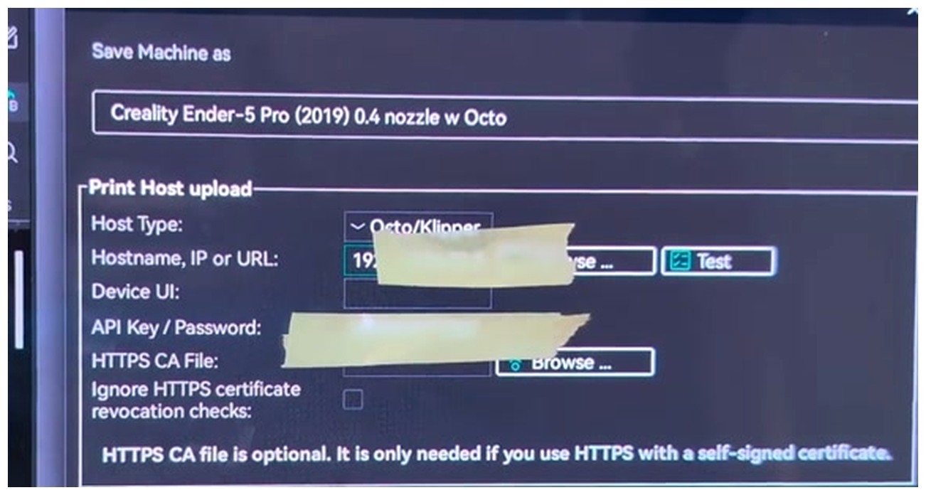 Close-up of the OrcaSlicer Physical Printer dialog showing Hostname, Device UI, API Key, and Test fields