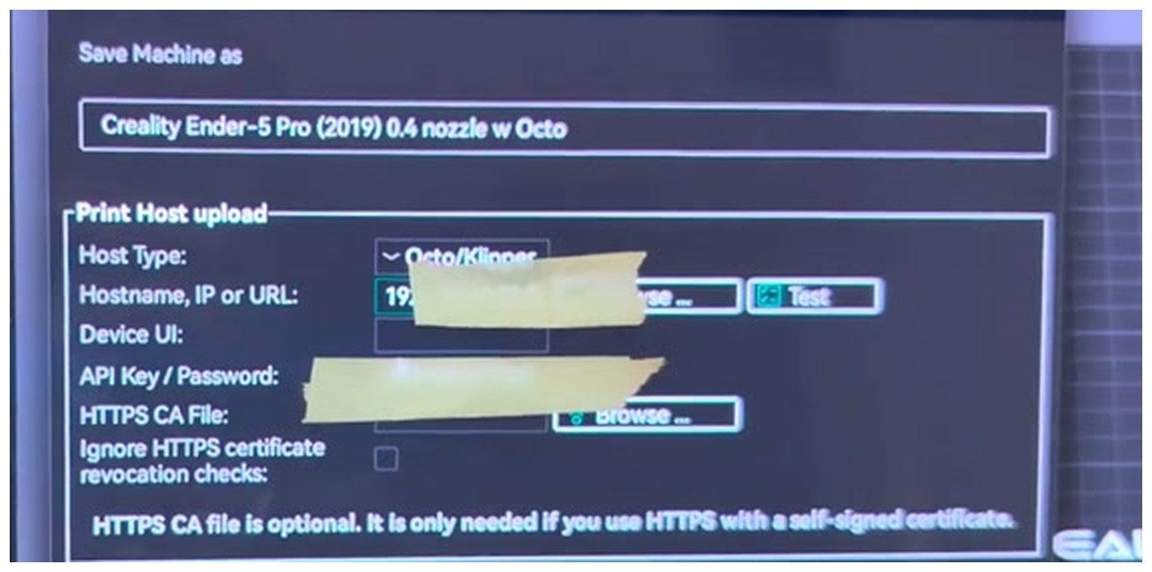 OrcaSlicer Physical Printer dialog showing Host Type dropdown set to Octo/Klipper, with yellow tape redacting the IP and API key fields