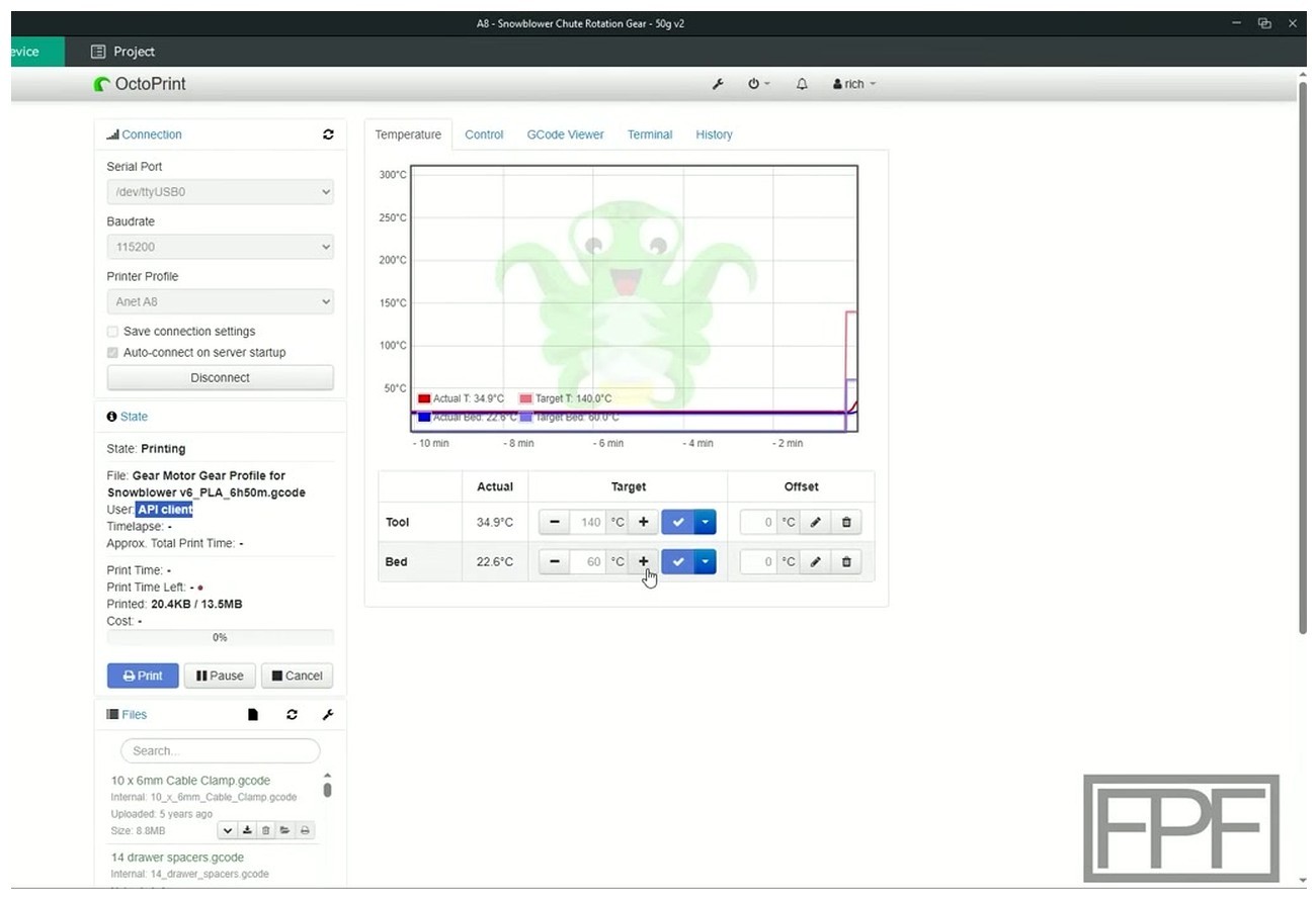 OctoPrint dashboard showing a print job uploaded from OrcaSlicer with User: API client visible