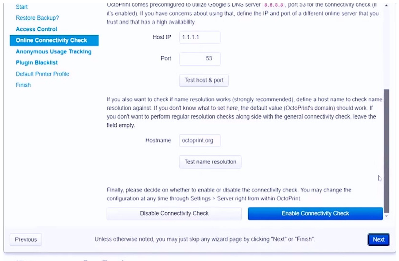 OctoPrint Setup Wizard Online Connectivity Check page configuration