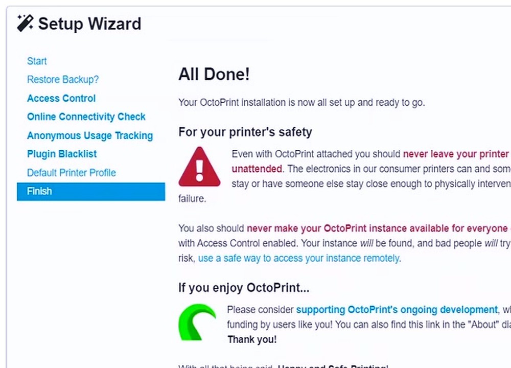OctoPrint Setup Wizard All Done screen confirming setup completion