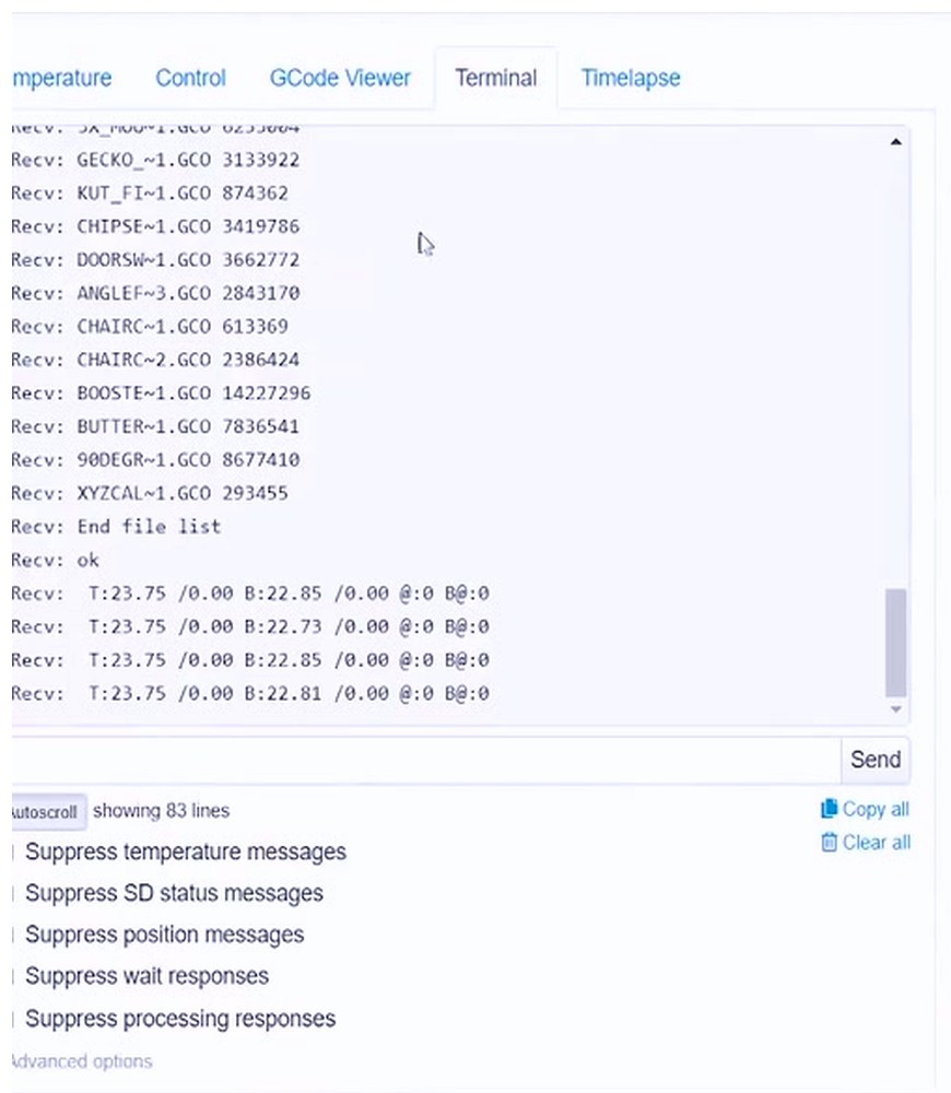 OctoPrint Terminal showing Recv lines from the printer firmware