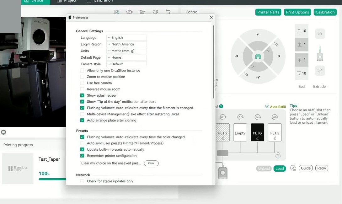 OrcaSlicer Device tab with A1 connected showing AMS Lite slot configuration A1 PETG, A2 Empty, A3 PETG, A4 PETG, plus Preferences dialog with general settings and AMS auto-refill controls