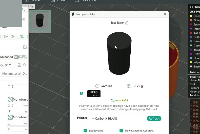 OrcaSlicer Send print job dialog showing Test_Taper model with 46 minute print time, 6.22 grams filament, AMS slot A3 PETG mapping, plus Bed leveling, Flow Dynamics Calibration, Timelapse, Enable AMS toggles
