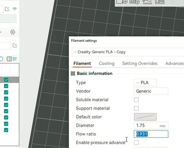 OrcaSlicer Filament settings dialog showing filament Type PLA, Vendor Generic, Diameter 1.75mm, and Flow ratio 0.931