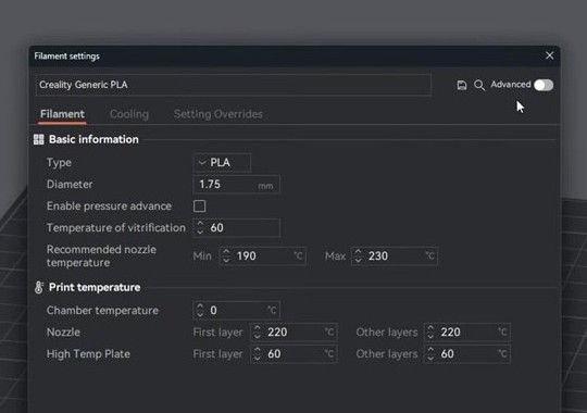 OrcaSlicer Filament settings dialog for Creality Generic PLA showing Type PLA, Diameter 1.75mm, recommended nozzle 190 to 230 degrees, and first-layer temps for nozzle and High Temp Plate