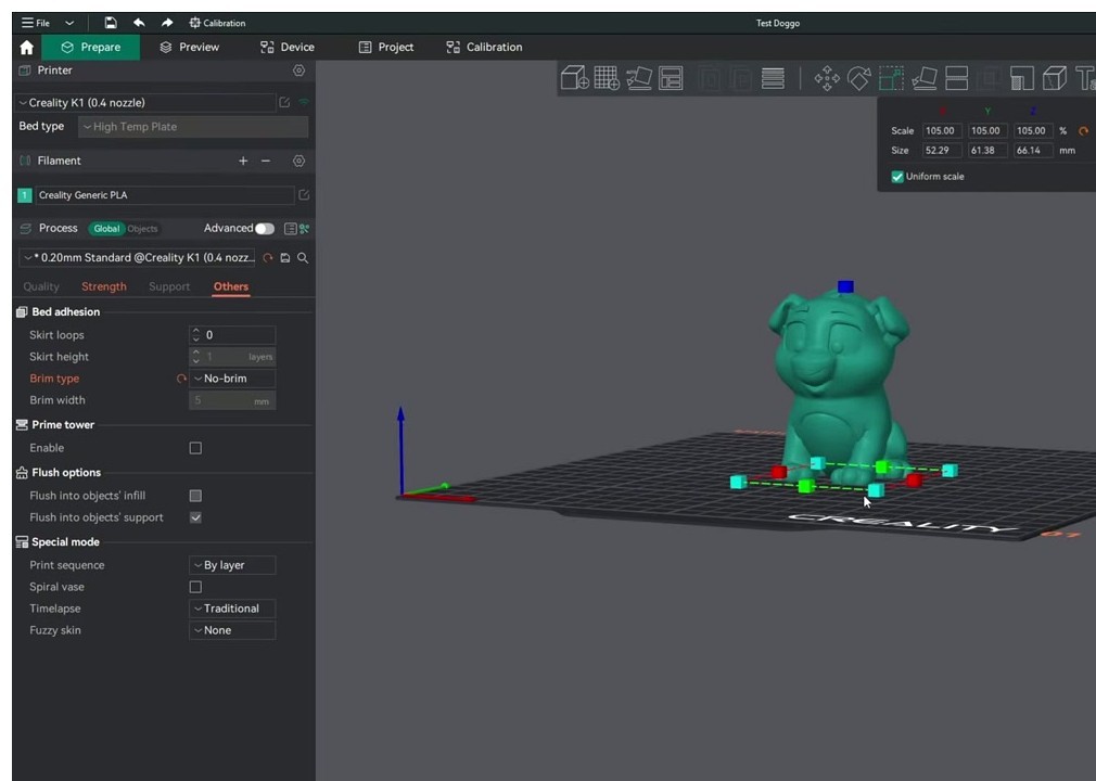 OrcaSlicer Prepare tab on K1 with a test dog model loaded, Others tab showing Brim type No-brim, Prime tower disabled, and Special mode print sequence By layer