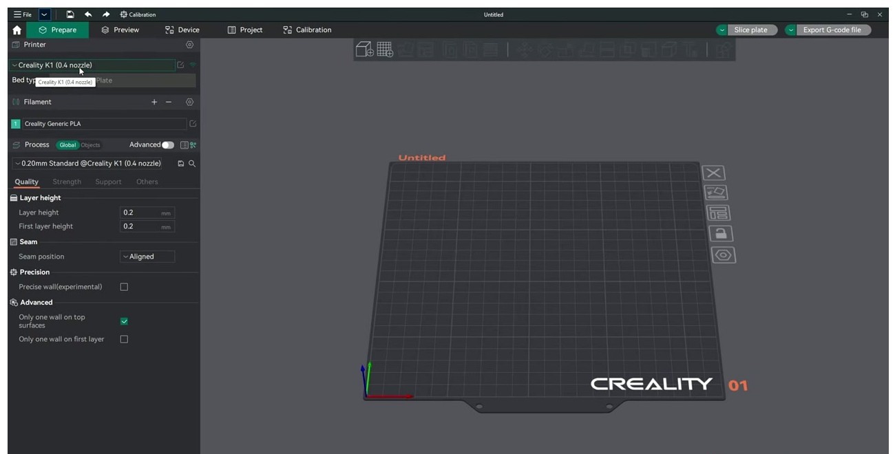 OrcaSlicer Prepare tab showing Creality K1 (0.4 nozzle) printer profile selected with Creality Generic PLA filament loaded and Quality settings visible