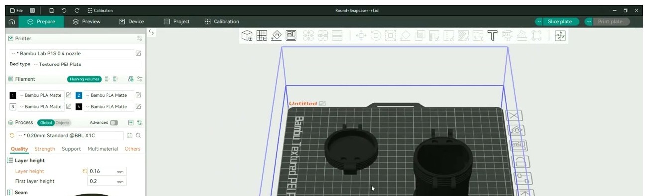 OrcaSlicer Prepare tab showing Bambu Lab P1S printer profile, four AMS filament slots loaded with Bambu PLA Matte, 0.20mm Standard process, and 3D build plate