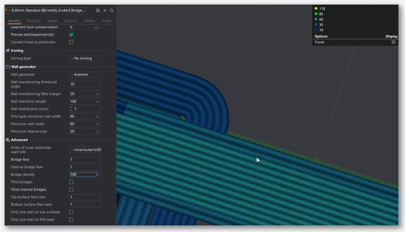 Screenshot of OrcaSlicer Process settings, Quality tab, scrolled to the Bridging section, showing fields for Flow ratio, Internal bridge flow ratio, Bridge dens