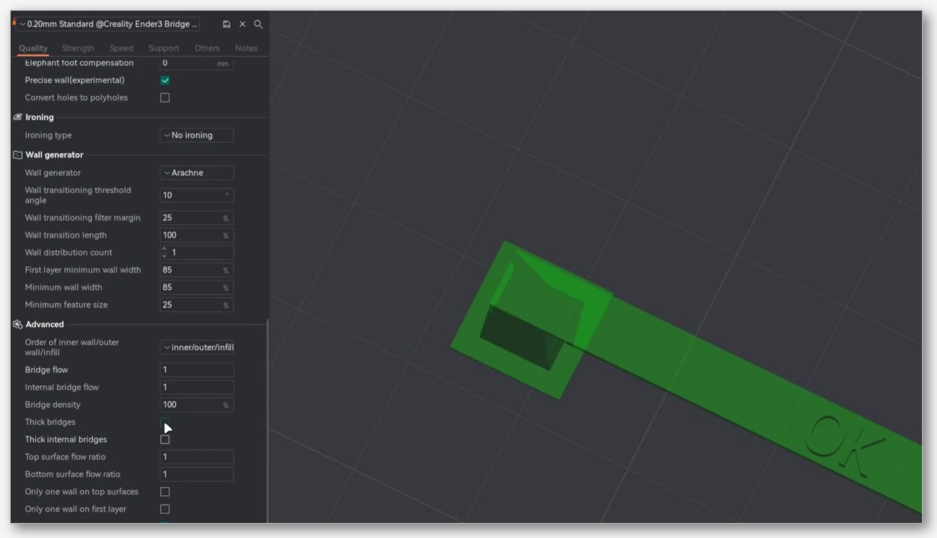Screenshot of OrcaSlicer's Filament settings dialog, Cooling tab, with the Force cooling for overhangs and bridges row, the Overhang cooling activation threshol