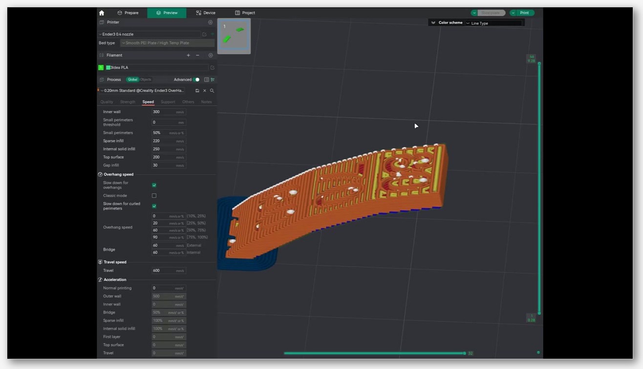 Screenshot of the OrcaSlicer Quality tab scrolled to the Overhangs panel, showing settings like Detect overhang wall, Make overhang printable, Reverse on even,