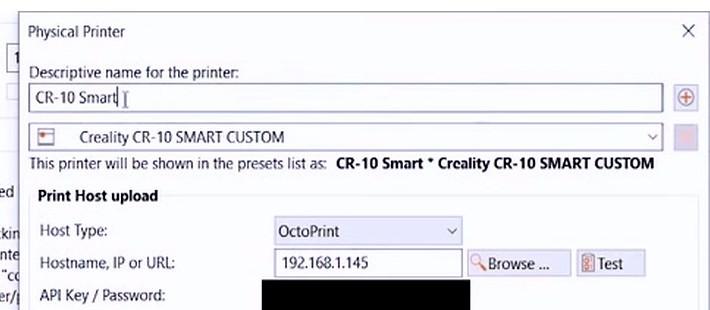 OrcaSlicer Physical Printer dialog with Host Type set to OctoPrint, hostname 192.168.1.145, and a redacted API key field