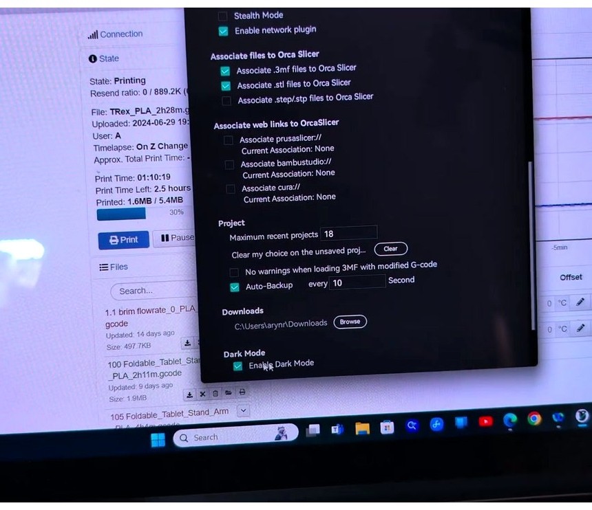 OrcaSlicer Preferences dialog with the Enable network plugin option visible
