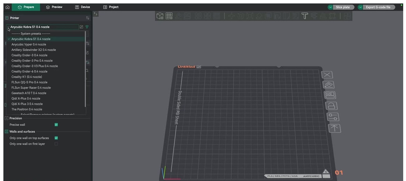 OrcaSlicer printer profile dropdown showing Creality Ender-3, Ender-3 Pro, Ender-3 V3 Plus, Ender-6, Creality K1, plus Anycubic Vyper, Artillery, and FLSun options