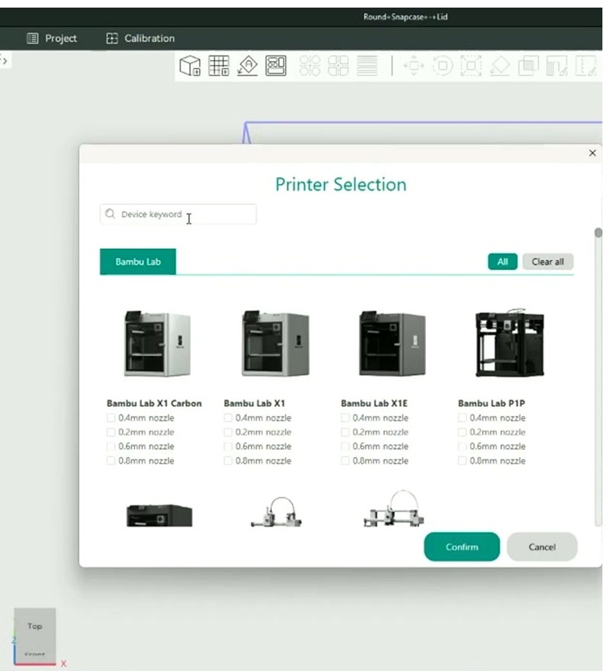 OrcaSlicer printer selection dialog showing Bambu Lab X1 Carbon, X1, X1E and P1P with nozzle size checkboxes