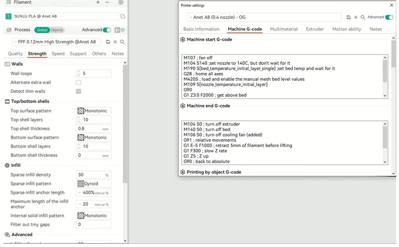 OrcaSlicer Printer Settings panel showing the Machine G-code tab open