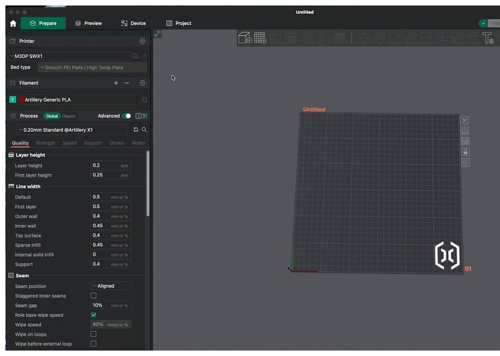 OrcaSlicer Quality tab showing Layer height 0.2mm, all eight line width fields including Outer wall and Inner wall, and Seam settings with Aligned position selected