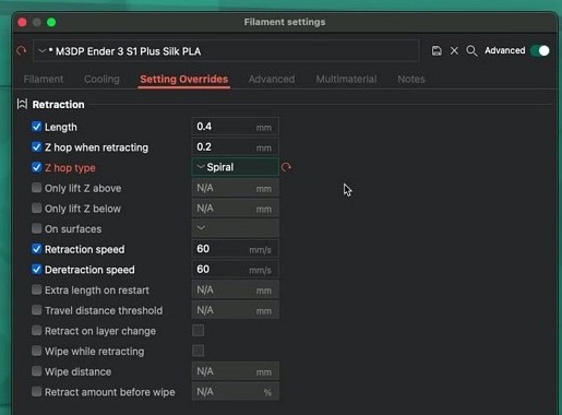 OrcaSlicer Filament settings dialog showing Setting Overrides tab with Retraction Length 0.4mm, Z hop 0.2mm, Spiral Z hop type, and 60mm/s retraction speed