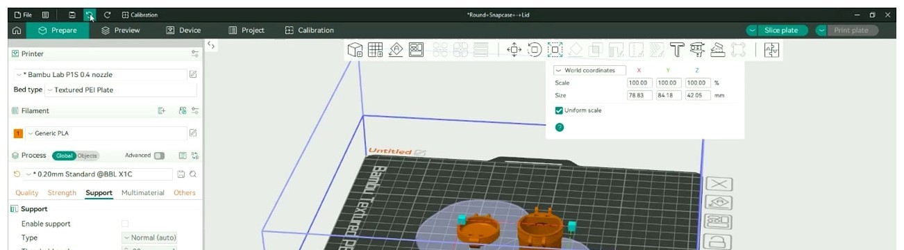 OrcaSlicer transform popup showing World coordinates with X Y Z scale percentages, exact size in millimetres, and Uniform scale checkbox