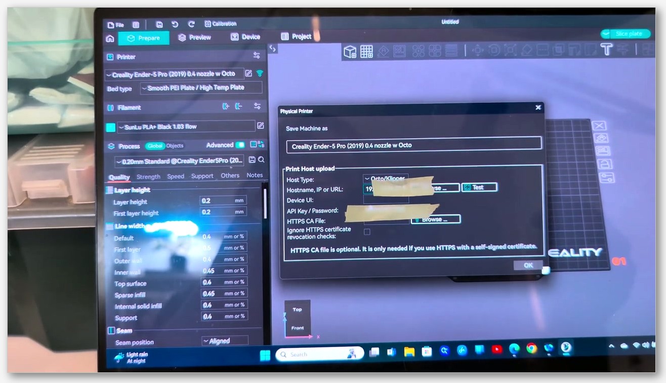 Photograph of a Bambu Lab P1S touchscreen showing the Network settings page with LAN Only Mode enabled and the Access Code visible
