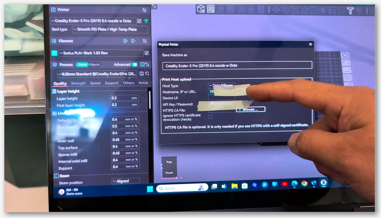 Screenshot of OrcaSlicer Device tab populated with a connected Klipper printer, showing camera feed, temperature graph, and file queue