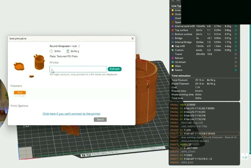 OrcaSlicer Send print job dialog showing 3h9m print time, 86.96g filament weight, $1.74 cost, and a feature breakdown panel listing infill, walls, supports and travel times