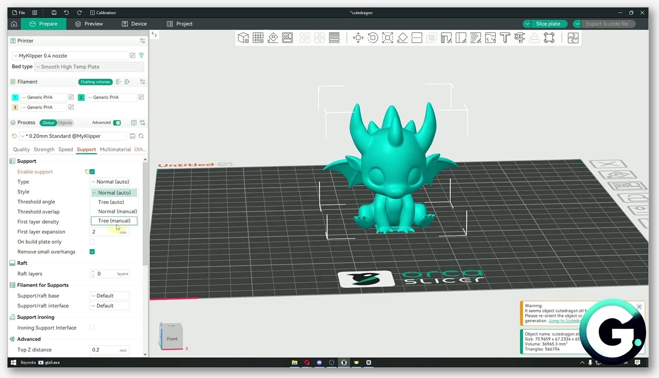 screenshot of OrcaSlicer with Support Painting active showing the left-side toolbar containing the Enforce, Block, Clear, and smart-fill brush options with a br