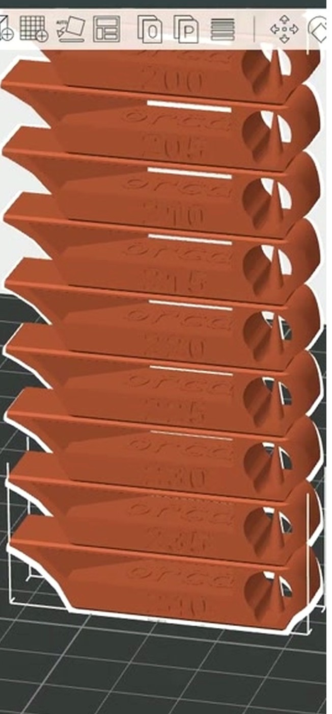OrcaSlicer temperature tower print result with nine segments labeled from 200 to 240 degrees C in 5 degree increments