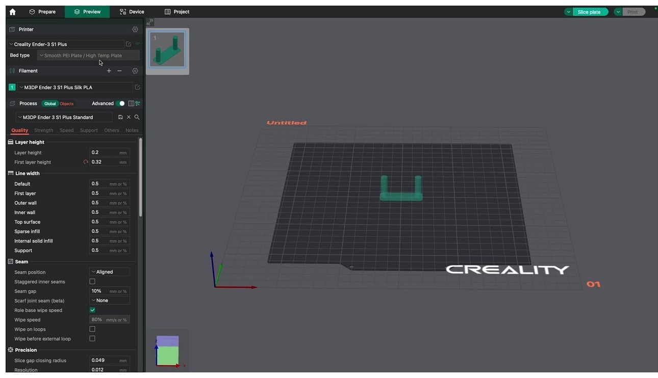 Sliced preview of the retraction tower in OrcaSlicer with travel moves shown as dashed lines crossing between the two posts
