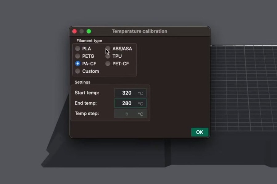 The OrcaSlicer Temperature Calibration dialog with filament family radio buttons, start temp, end temp, and the fixed 5°C step