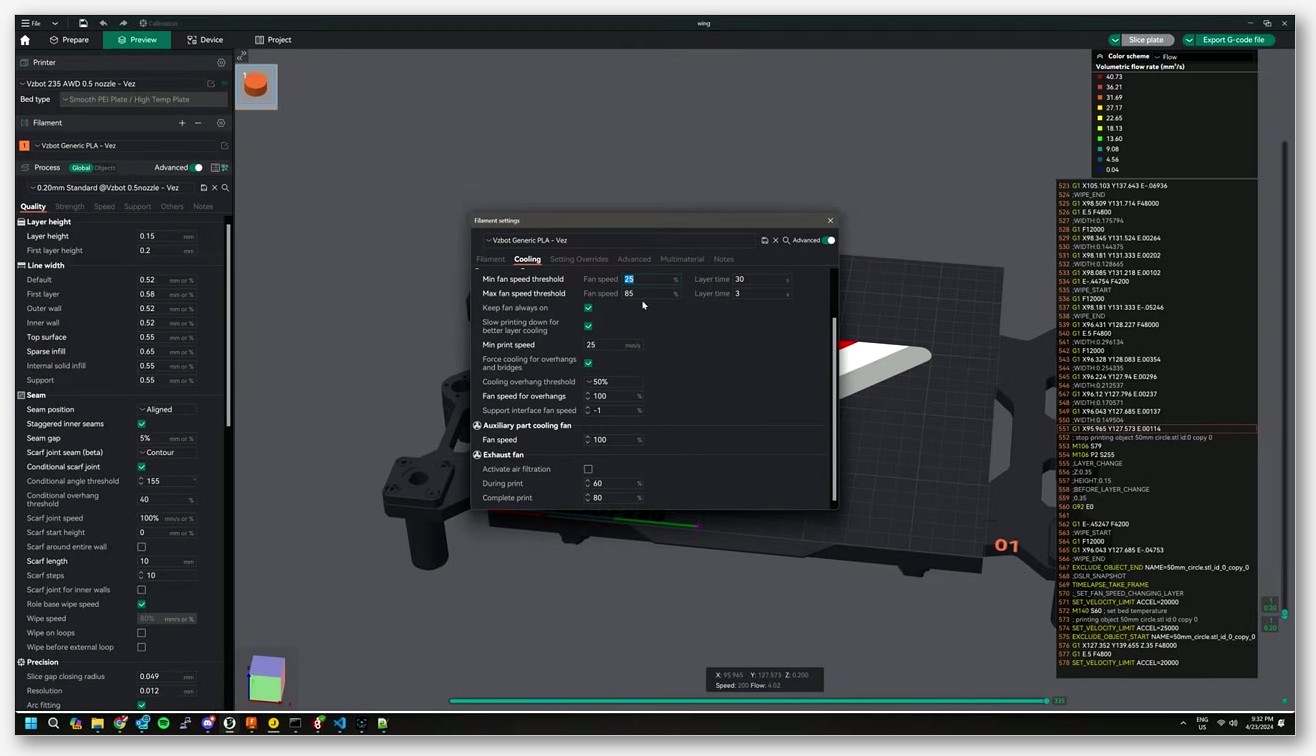Screenshot of OrcaSlicer 2.3.x Filament settings dialog with the Cooling section open, showing Min/Max fan speed threshold sliders
