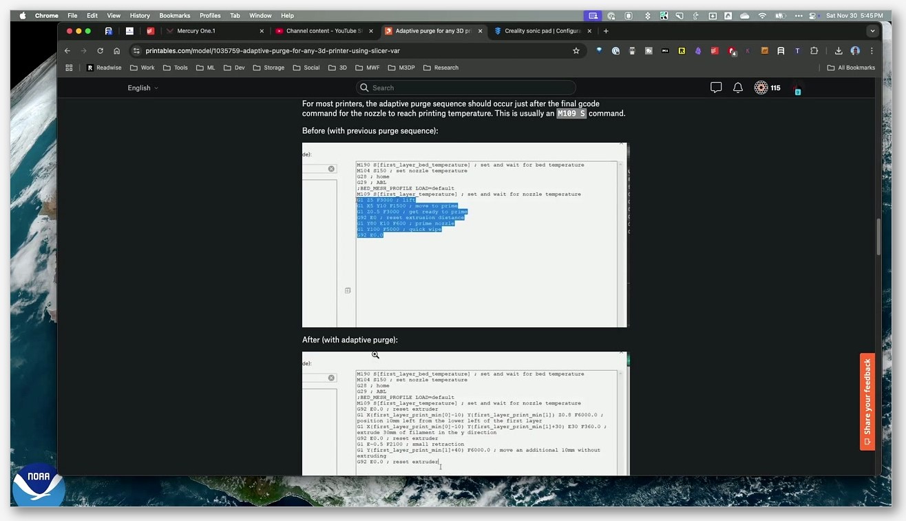 Screenshot of OrcaSlicer's G-code preview view with the vertical slider revealing the before-layer-change and layer-change snippets injected into the sliced fil
