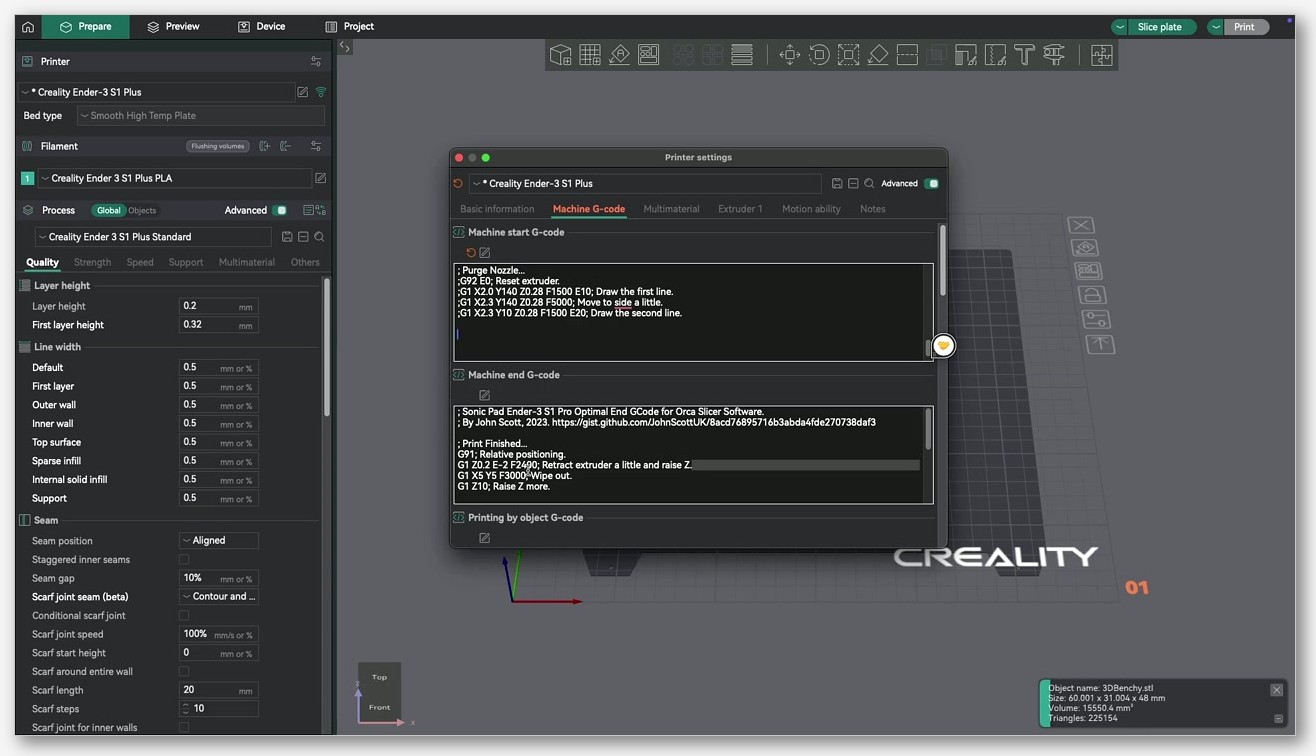 Side-by-side comparison showing the short PRINT_START call in OrcaSlicer next to the longer Jinja2 macro definition in Klipper printer.cfg