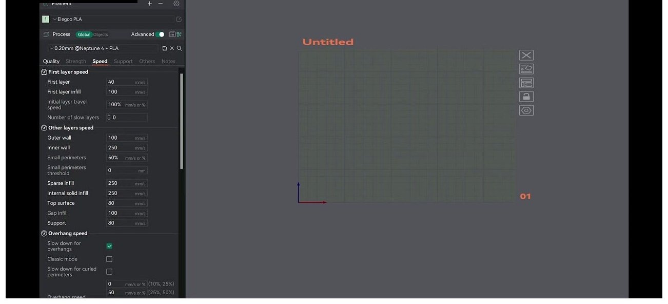 OrcaSlicer process settings showing Speed tab for Neptune 4 PLA profile