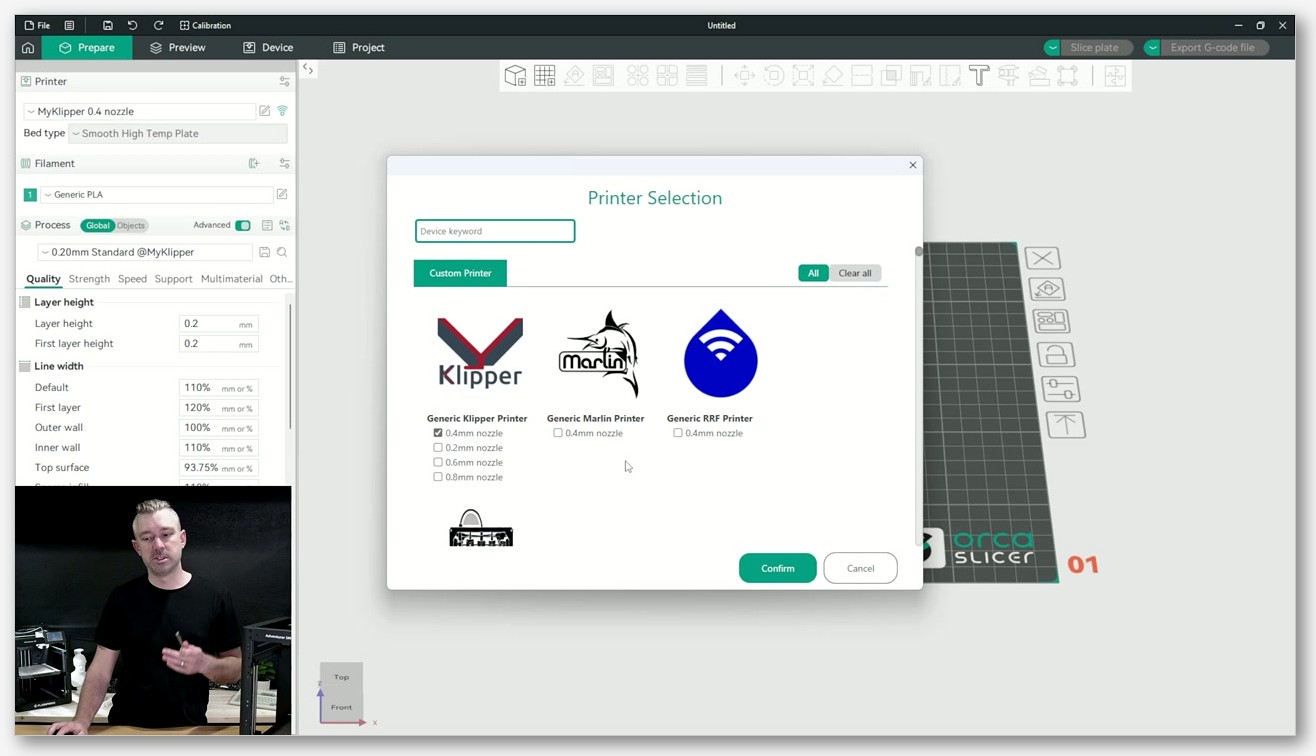Screenshot of OrcaSlicer's printer selection wizard filtered to Flashforge brand