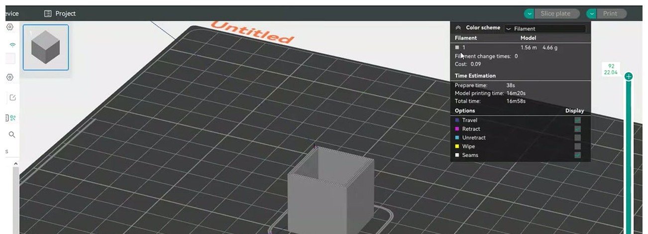 OrcaSlicer preview pane showing a sliced calibration cube with the layer slider visible on the right edge