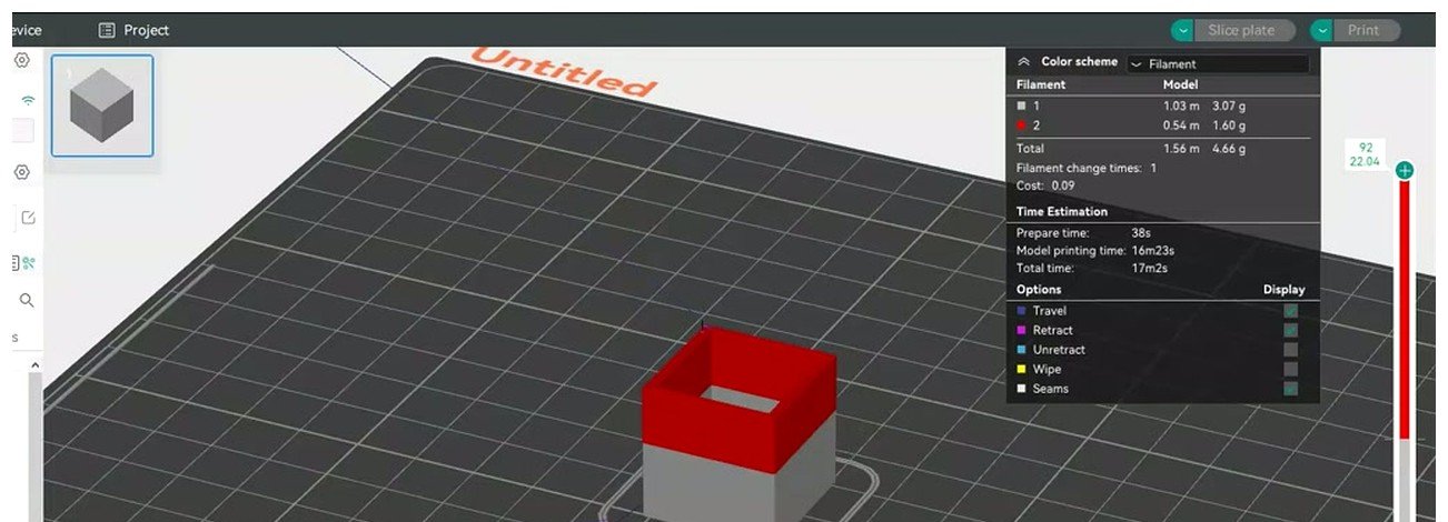 OrcaSlicer preview showing a calibration cube rendered in two filament colors with a red top section after a color change