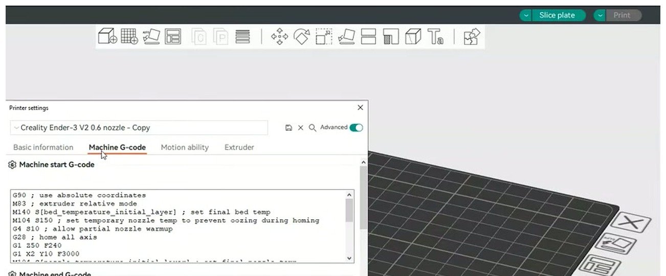 OrcaSlicer Machine G-code panel showing the printer start G-code section open in the Printer Settings tab