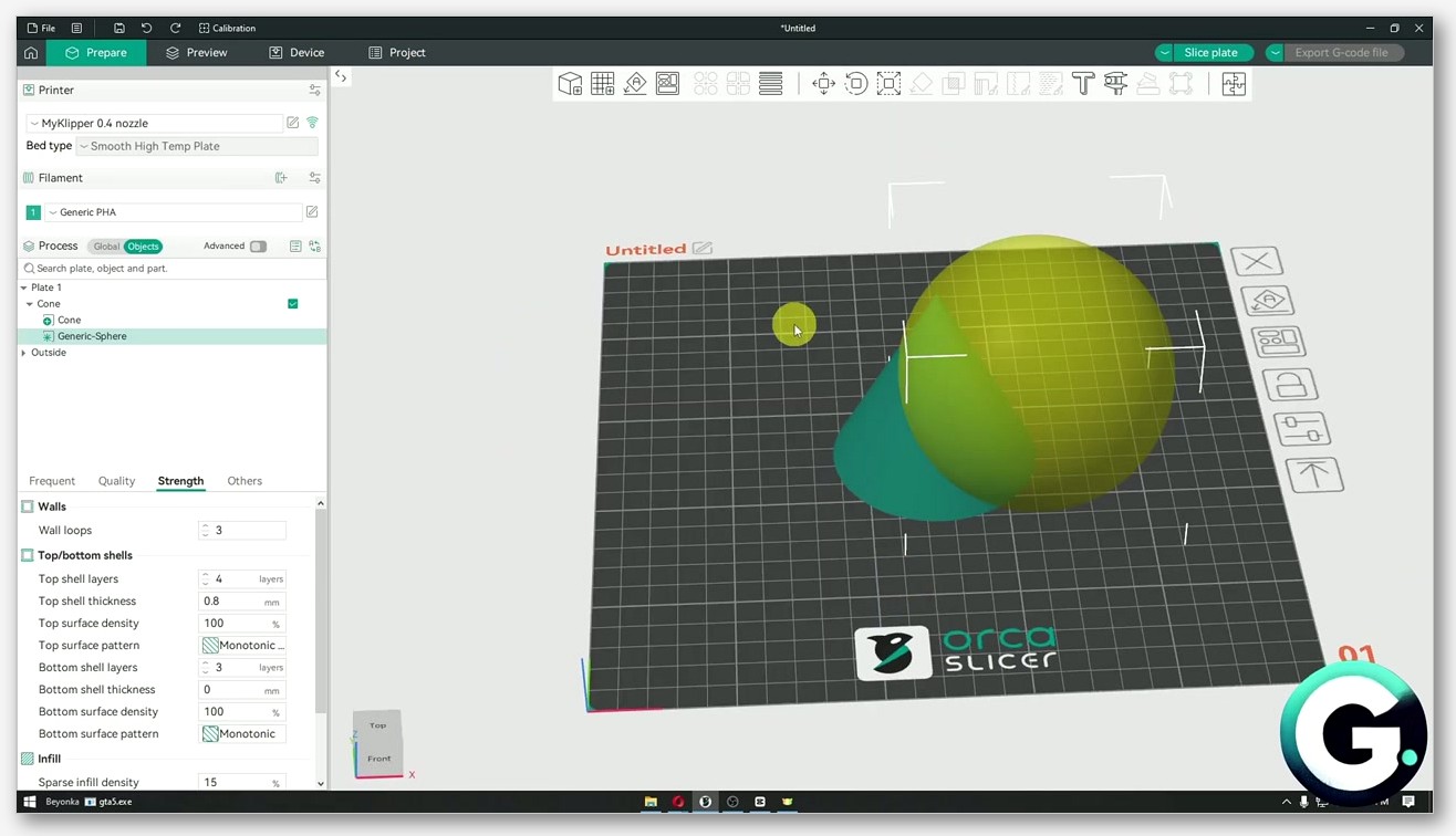 OrcaSlicer 3D view with translucent modifier cube nested inside a host bracket part and parameter override side panel visible