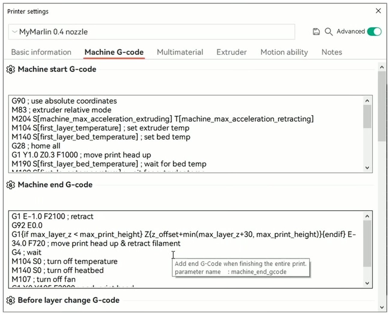 OrcaSlicer printer settings dialog Machine G-code tab open showing start G-code editor