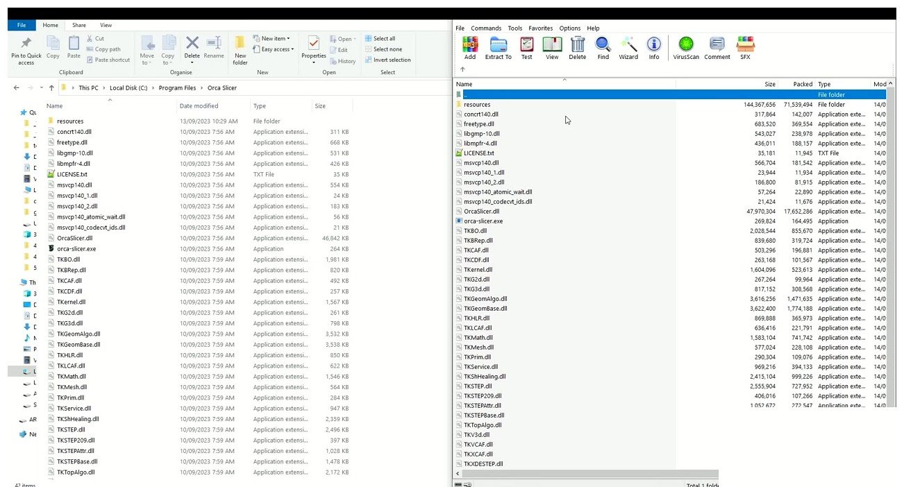 Windows file explorer split view showing OrcaSlicer install directory profiles folder and AppData user folder