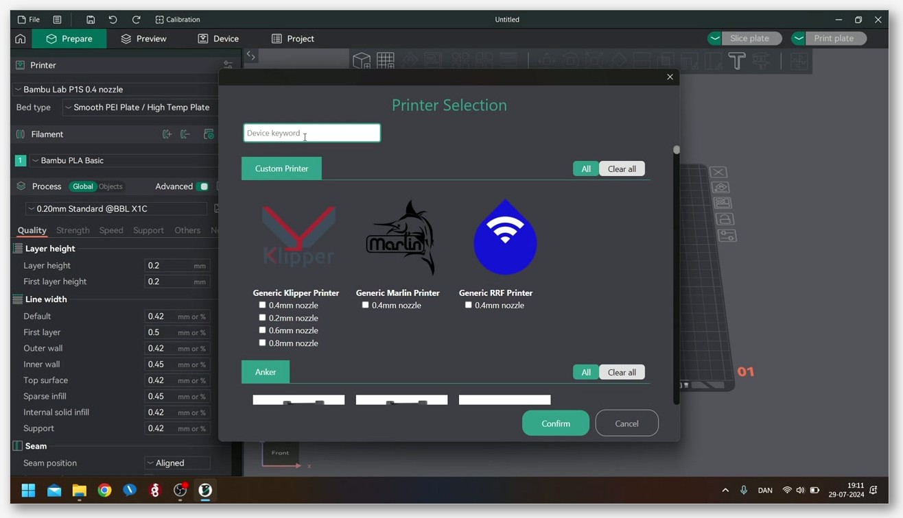 Screenshot of OrcaSlicer's Add Printer wizard, Prusa vendor expanded, MK3S and MINI rows highlighted
